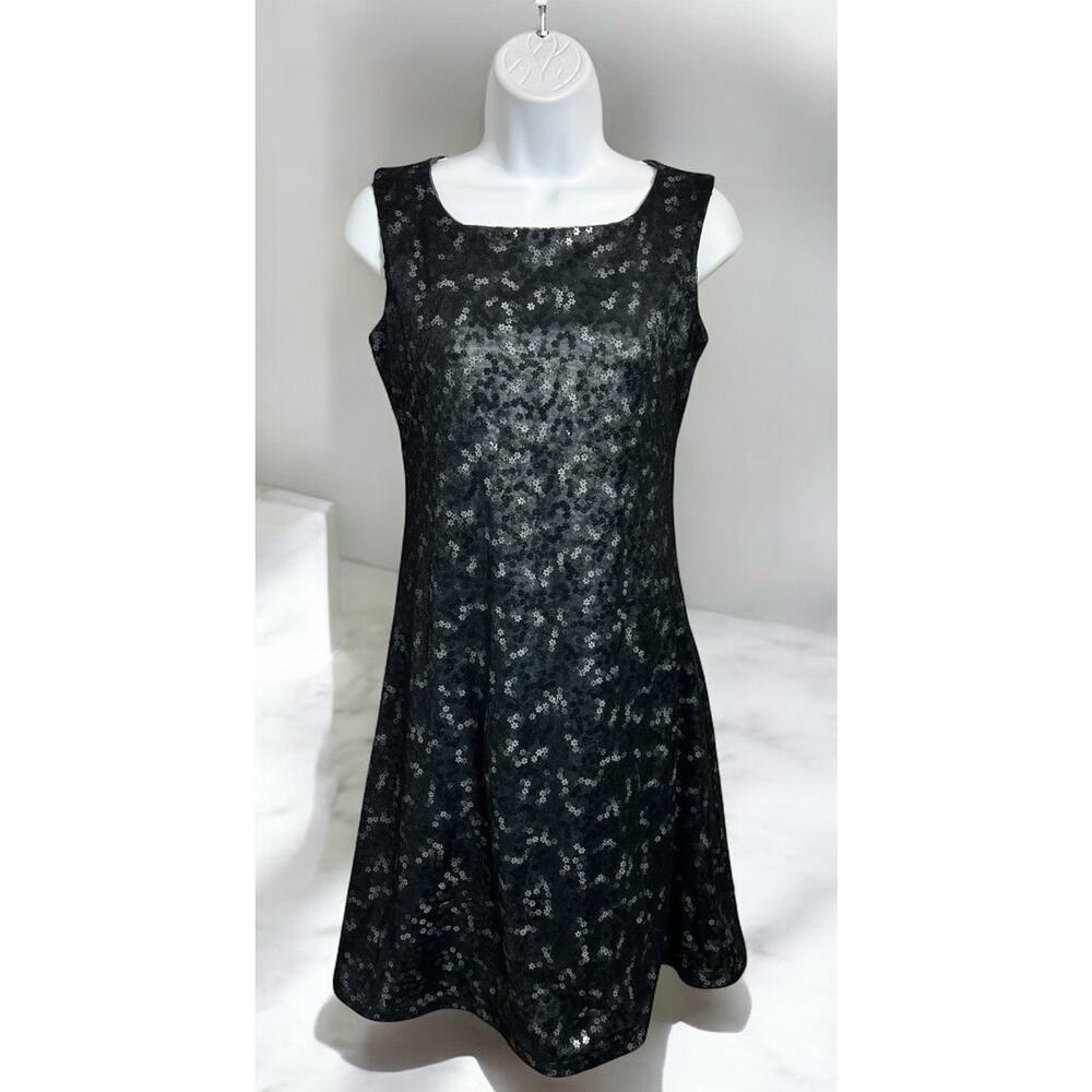 EBZA Black A-Line Dress Sz Small Mesh Floral Sequin Sleeveless Lined Knee Length